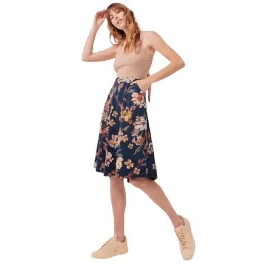 Floral A-Line Navy Midi Dress with Tie Waist